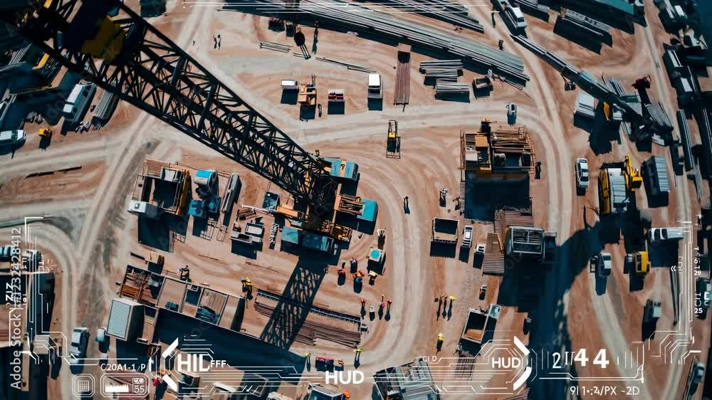 Poster construction site aerial view showcases advanced machinery and workflows utilizing hi-tech features 