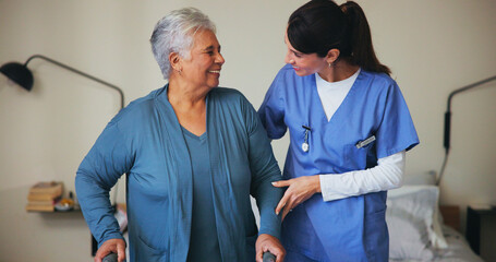 Walking, help and caregiver with senior patient for rehabilitation, healing or support at...