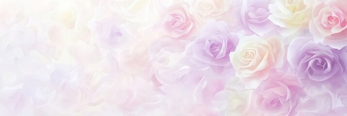 Fototapeta premium Blurred pastel roses in shades of pale pink, lavender, and light yellow, softly merged into a textured floral pattern for a calm and sophisticated background.