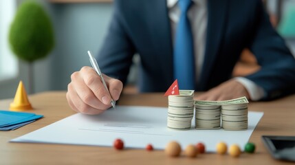 Businessman Writing Contract with Stacks of Money and Red Flag on Table, Finance Concept, Investment Risk Assessment, Close-Up on Professional Workspace