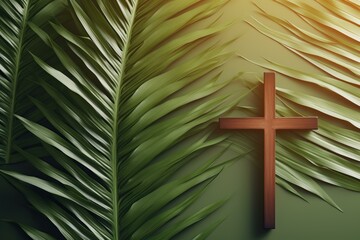 Wooden cross resting on palm leaves, symbolizing palm sunday and the resurrection of jesus christ