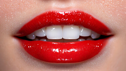 Obraz premium Close-up of Glossy Red Lips and White Teeth Reveals Beauty and Oral Hygiene Practices