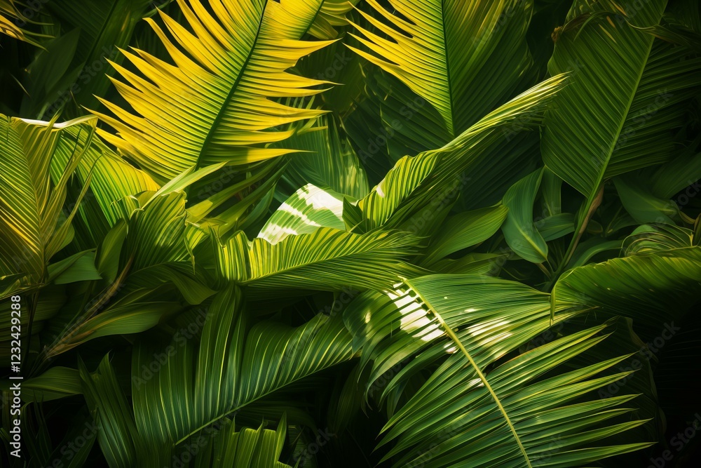 Poster sunlight filters through dense, overlapping palm leaves, creating a vibrant display of green and yel