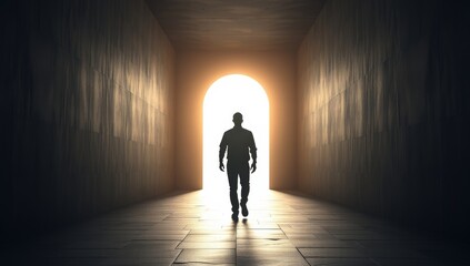 Obraz premium Silhouette of a man approaching light in a dark tunnel, symbolizing hope and renewal