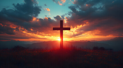 A cross is lit up in the sky above a mountain. The sun is setting, casting a warm glow over the scene. Concept of peace and spirituality, as the cross is a symbol of faith