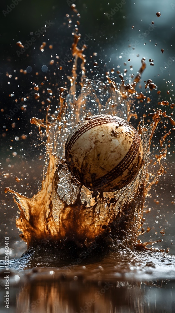 Poster highresolution image of a cricket ball splashing into the mud its trail of motion captured with prec