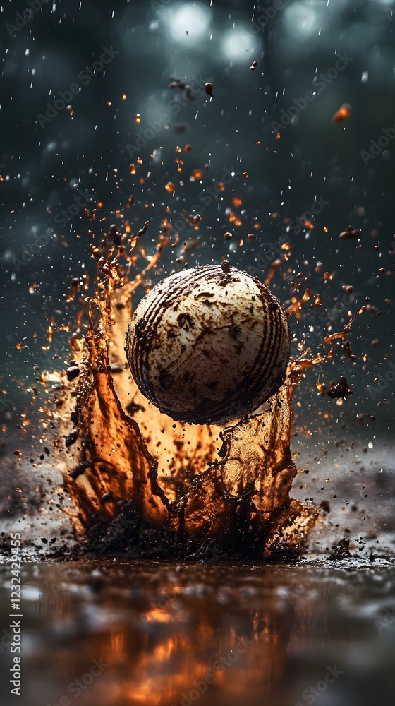 Poster highresolution image of a cricket ball splashing into the mud its trail of motion captured with prec