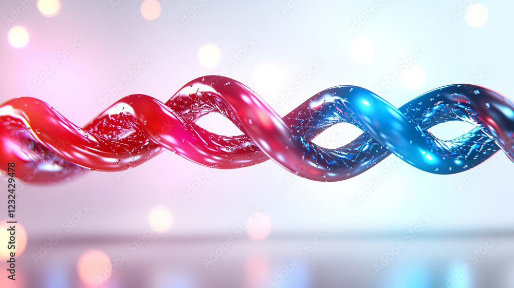 Poster abstract representation of intertwined red and blue threads with a dreamy bokeh background, creating