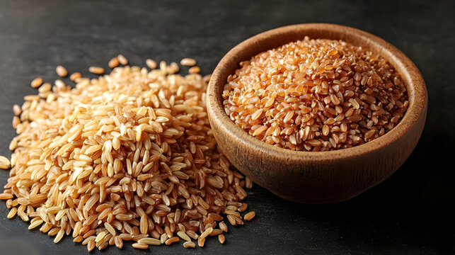 Devzira Rice Grains Piled Beside a Wooden Bowl on a Dark Surface, Showcasing a Healthy Food Choice.