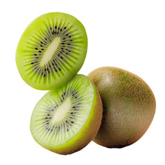 Fototapeta premium Sliced kiwi fruit revealing vibrant green flesh and tiny black seeds, alongside a whole kiwi.