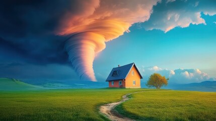 Dramatic Sky with Swirling Tornado Approaching a Quaint House in a Serene Landscape, Captivating Colors and Atmospheric Depth Enhancing Nature's Power and Beauty