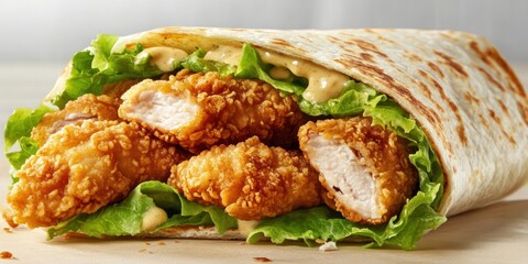 Crispy chicken wrap with lettuce and sauce. Delicious fast food meal