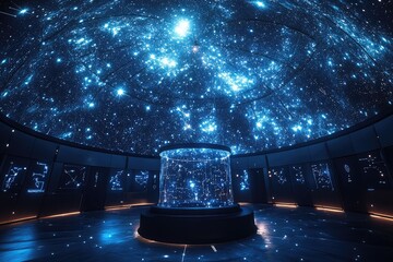 A high-tech observatory with holographic constellations projected onto a glass dome, creating a futuristic and immersive stargazing experience