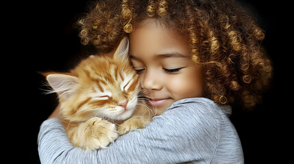 A young child gently embraces an adorable ginger kitten, both with closed eyes, against a black backdrop.