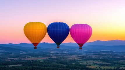 Fototapeta premium Colorful hot air balloons soaring against a beautiful sunset, offering a breathtaking aerial view of the landscape below.