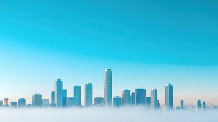 Fototapeta premium Stunning Urban Skyline Under a Clear Blue Sky with Soft Fog Covering the City, Creating a Serene and Dreamy Atmosphere Perfect for Travel and Real Estate Purposes