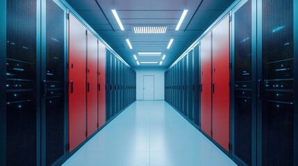 Fototapeta premium Business continuity planning. Data center corridor with modern server racks and vibrant lighting.