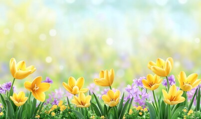 Yellow tulips and purple flowers in a sunny garden.