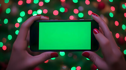 Hands Hold Smartphone with Green Screen Against Holiday Lights Background
