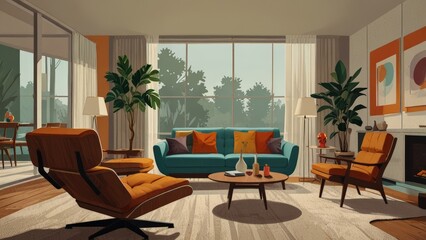 Retro 1960s interior design poster with iconic mid-century furniture and decor