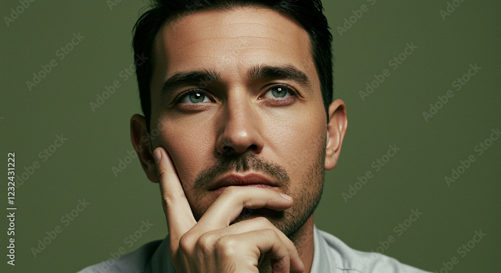 Poster man with thoughtful expression contemplates looking up. close up portrait of a man with hand on chin