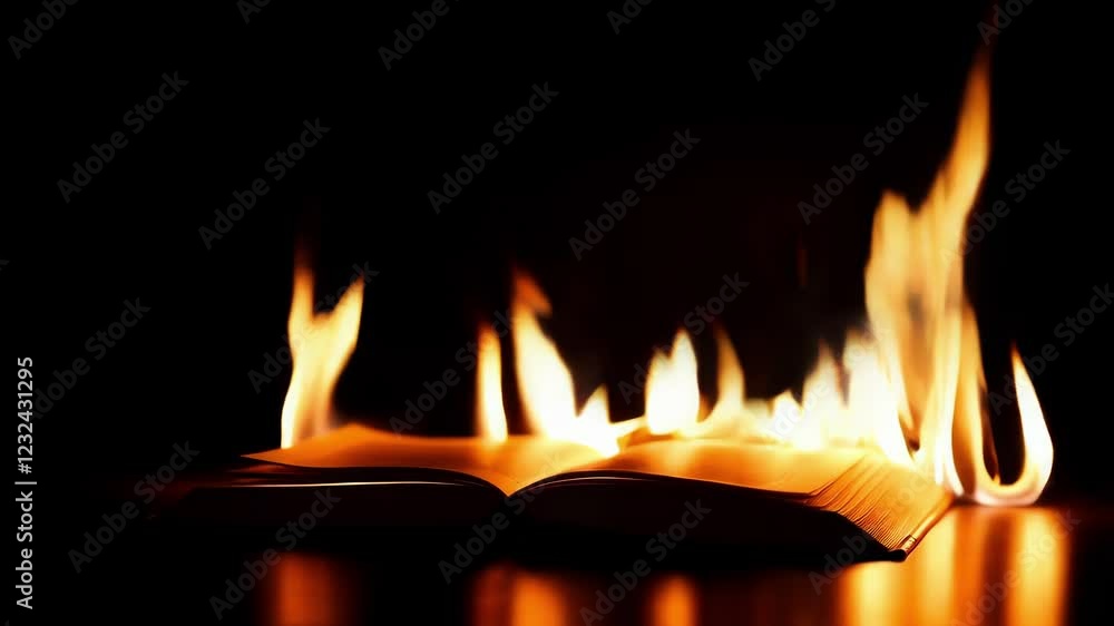 Poster intense flames consuming open book pages, creating dramatic reflection against pitch black backgroun