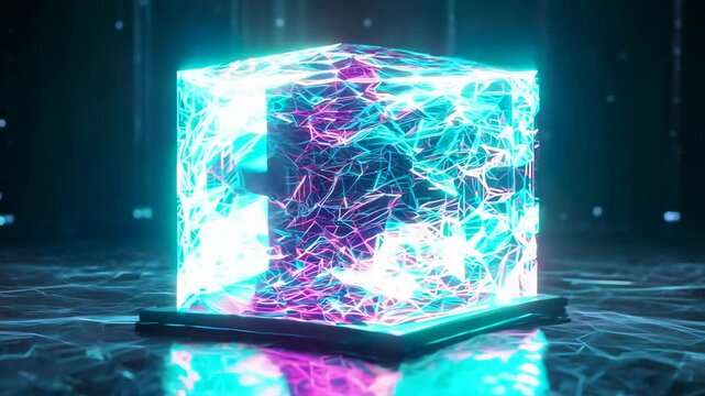 Futuristic quantum optimization cube with glowing energy. Advanced artificial intelligence and quantum computing visualization.