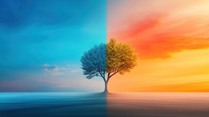 A mesmerizing juxtaposition of a lone tree symbolizing the transition from winter to summer, reflecting vibrant colors of blue and orange in a surreal landscape