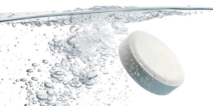  Effervescent tablet dissolving in water, creating a fizzy reaction with bubbles. Close-up view on a white background, highlighting the dissolution process.