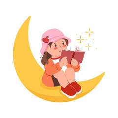 A young girl wearing a pink hat is reading a book on a crescent moon. This scene symbolizes imagination, dreams, and a magical connection to the world of stories and fantasy.
