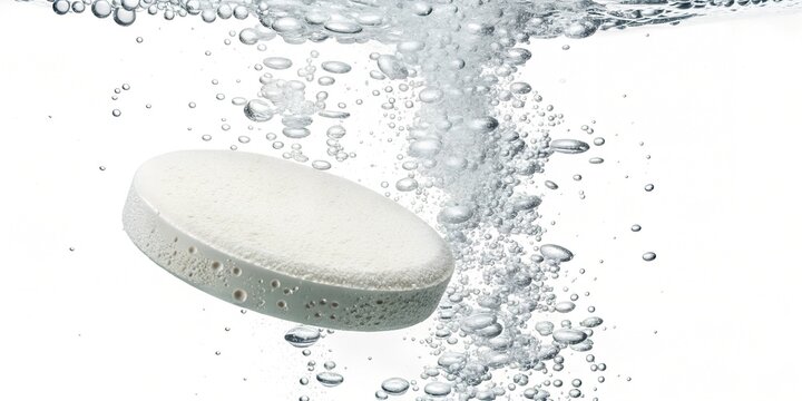 Effervescent tablet dissolving in water, creating bubbles and fizz. The rapid reaction highlights the solubility of the medication.