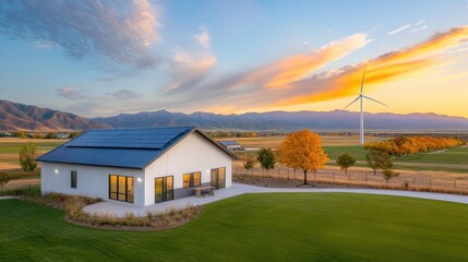 Modern Sustainable Home Surrounded by Nature with Solar Panels and Wind Turbine, Capturing the Essence of Eco-Friendly Living at Sunset in a Picturesque Landscape