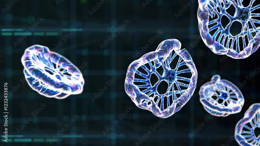 Aufkleber exploring the intricate details of cellular structures in a futuristic digital environment with holo