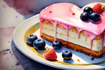 A heart-shaped cake with strawberries, raspberries, blueberries on top. Glazed cake for Valentine's day, wedding, birthday, mother's day. 