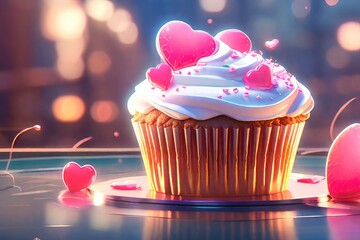 A heart-shaped cupcakes with strawberries, raspberries, blueberries on top. Glazed cake for Valentine's day, wedding, birthday, mother's day. 