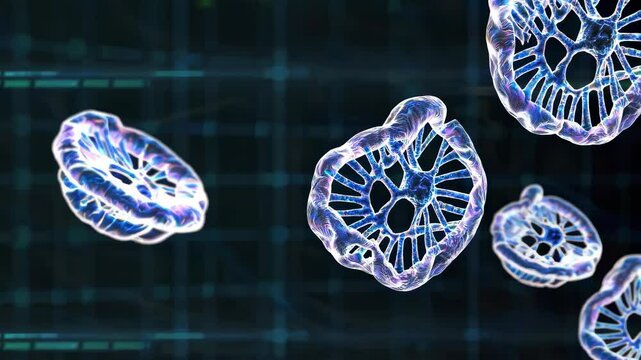 Exploring the intricate details of cellular structures in a futuristic digital environment with holographic representations