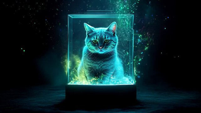 Schrodingers cat in a glowing quantum energy chamber. A conceptual representation of quantum mechanics and superposition theory.