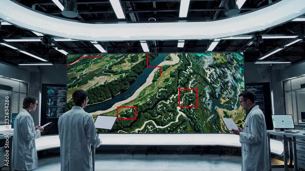 Leinwandbilder Researchers analyze geographical data in a futuristic lab with advanced technology for environmental studies