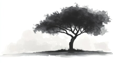 Solitary tree, grayscale, serene landscape, peaceful background, nature illustration