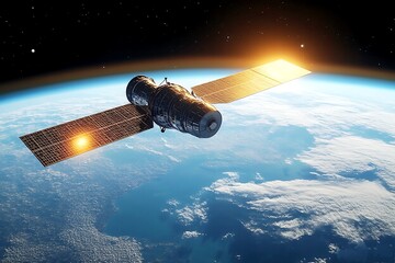 Satellite orbiting Earth with solar panels reflecting sunlight seamlessly looping 4k time-lapse animation video background. Space concept