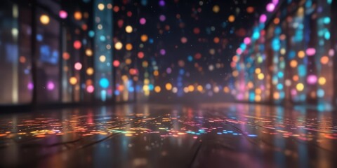Dazzling colorful bokeh lights in a vast and empty space, bright lights, dazzling bokeh lights, empty room