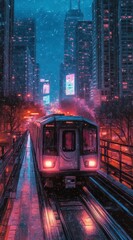 Fototapeta premium Pixel art city train scene at night, snowing, pink and purple lights, wet street reflections, tall buildings, atmospheric mood