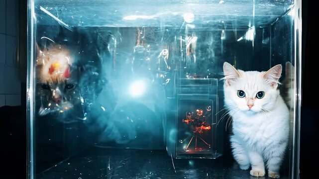 Schrodingers cat in a quantum superposition. Conceptual visualization of quantum mechanics, uncertainty, and superposition theory.