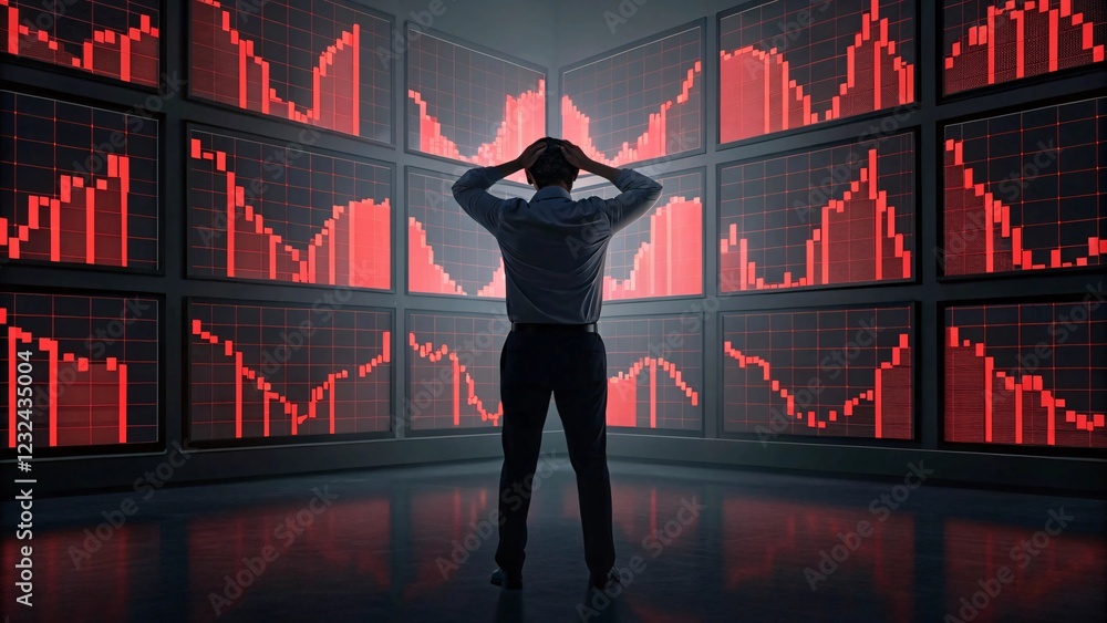 Poster analyzing financial trends trading floor data visualization high-tech environment rear view market i