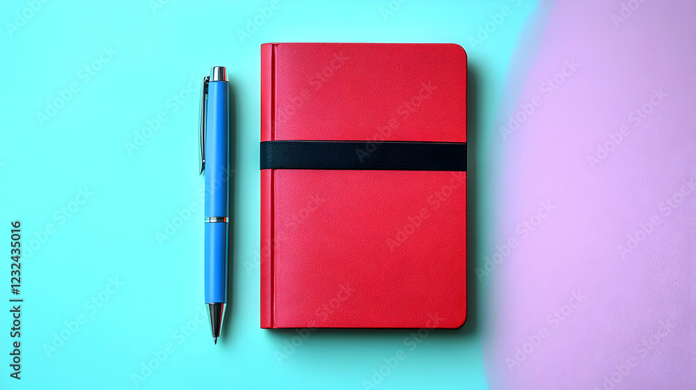 Poster red notebook and blue pen arranged on a two-tone background for writing and note-taking