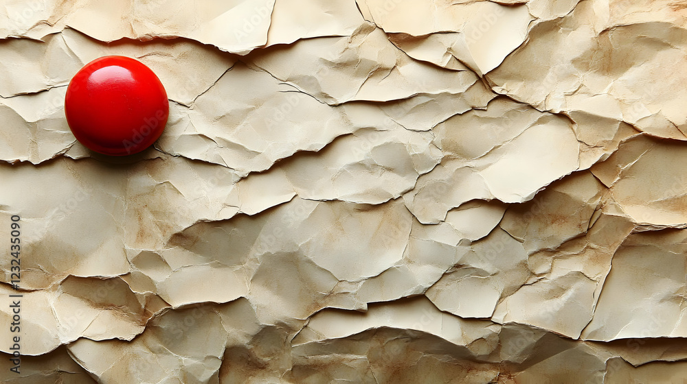 Poster red button rests on crumpled parchment paper background with vintage texture.