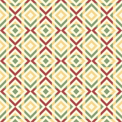 A seamless pattern featuring a repeating geometric design of interlocking squares in shades of red, green, and yellow on a cream background