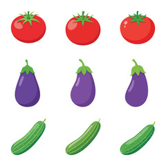tomato, eggplant, cucumber looks delicious with white background