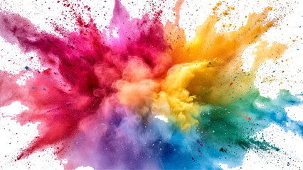 A burst of colorful powder creates a beautiful, vivid display against a bright white background, A photo of colorful bright rainbow holi paint color powder explosion isolated on white background. 