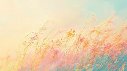 Pastel-colored field of wildflowers at sunrise.